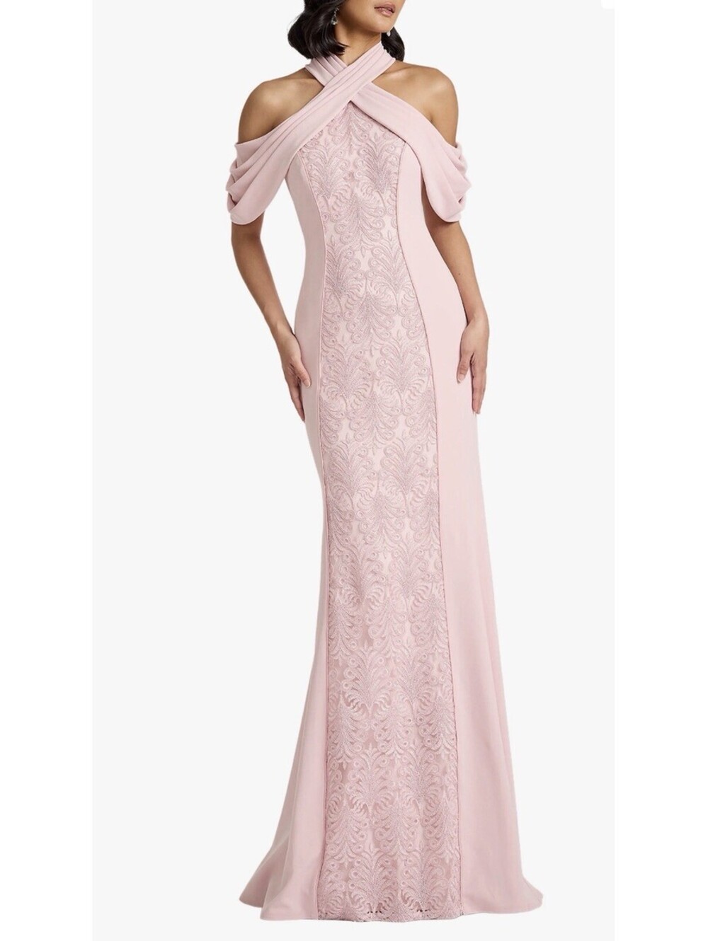 New Tadashi Shoji Lace Inset Cold-Shoulder Gown In Rose Quartz Size 16 $518